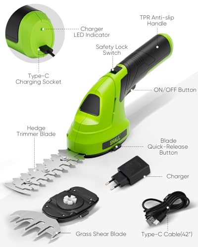 SHALL Cordless Grass Shears, Hedge Trimmer, Electric Shrub Shears 7.2V 2 in 1 Portable Lawn Mower