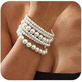 BERYUAN Pearls Bracelet Pearls Beaded Stretch Strand Bracelets Elegant Pearls Bracelet for Wedding Women Baroque White Pearls Bracelets Acceossries for Brides Bridesmide(6pcs)