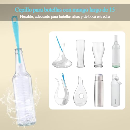 WINCHEERS Kit de 5 Cepillos Limpiabotellas 5 en 1 - Cepillo para Botellas con Mango Largo - Incluye 3 Cepillos para Pajillas, Cepillo para Tetinas Extraíble y Cepillo Detallador para Ranuras de Tapas
