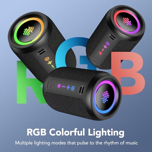Bluetooth Speaker Wireless with Stereo Sound & Mic for Calls, Bluetooth 5.4 Portable Speaker with 12H Playtime, 6 RGB Lights & TWS Pairing, IPX7 Waterproof Outdoor Speaker for Home, Hiking, Party