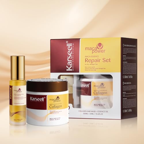 Karseell Collagen Hair Mask & Argan Oil Set, Deep Conditioning Hair Treatment for Dry Damaged Hair, Repair & Moisturize All Hair Types, 16.9 fl oz + 1.69 fl oz