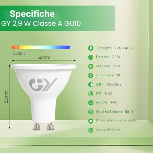 GY GU10 LED Bulb, 2.9W Equivalent to a 50W Bulb, GU10 LED Bulbs 3000K Warm White, 520Lumen, 110° Beam Angle, GU10 Fitting, Non-Dimmable