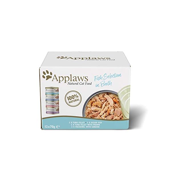 Applaws Natural Wet Cat Food, Multipack Fish Selection in Broth 70 g Tin (Pack of 12)
