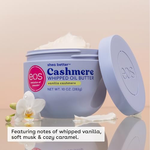 EOS CASHMERE WHIPPED OIL BODY BUTTER, VANILLA CASHMERE, 72 HOUR WEIGHTLESS MOISTURE FOR DRY SKIN, RICH FORMULA AND DEEP HYDRATION, BODY CARE, 10 OZ