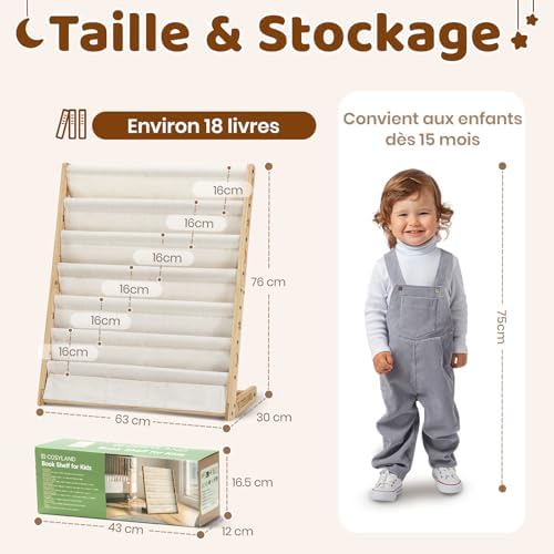 Bibliotheque Enfant en Bois Massif à 7 Niveaux - Etagere de Rangement pour Livres - Présentoir Livres Bebe avec Design Stable - Meuble Montessori pour Chambre d’Enfant (63 cm, Naturel)