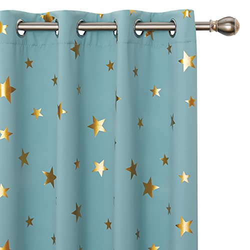 Deconovo Set of 2 Blackout Curtains with Eyelets and Gold Stars Modern Design Thermal Anti-Cold Curtains for Living Room, Children's Bedroom, 132 x 214 cm, Sky Blue โ image 1