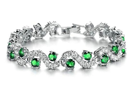 Beydodo Platinum Plating Bracelets For Women , 4 Prongs Cubic Zirconia Wave Shape Crystal Green 17cm