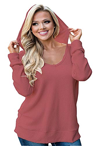 I2CRAZY Hoodies for Women Waffle Long Sleeve Sweatshirt Solid Shirt - S, RustRed