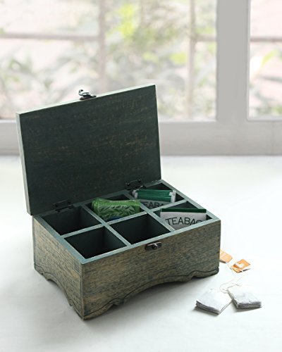 Store Indya Wooden Tea Box Chest with 6 Compartments Teabags Condiments Spices Holder Organizer Keepsake Storage Box Handmade Wooden Block In Distress Finish (Design 1)