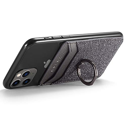 ACRSIKR Card Holder for Back of Phone, RFID Blocking Glitter Cell Phone Credit Wallet with Ring Pocket Stick on iPhone