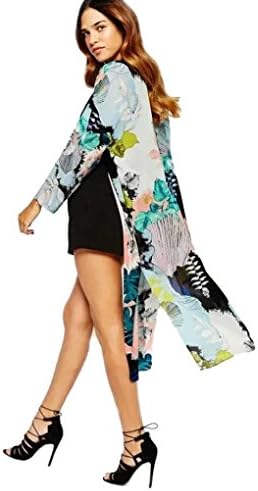 Clearance! FDelinK Women Boho Flower Printed Chiffon Shawl Long Kimono Cardigan Open Front Cover Ups Blouse Tops (Black, US:6)