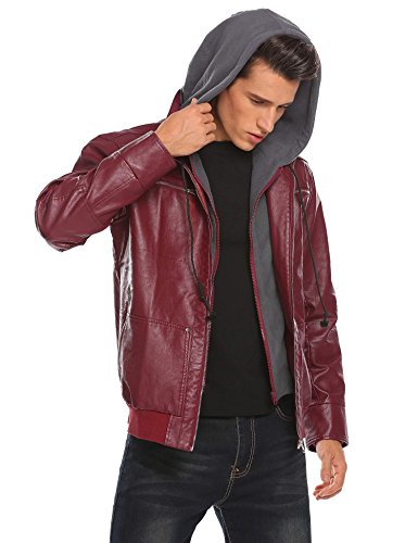 Coofandy Mens Casual Vantage Faux Leather Jacket Motorcycle Biker Coat With Fleece Hoodie Wine Red X-Large