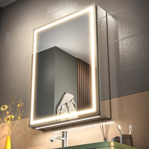 GANPE LED Illuminated Bathroom Mirror with Single Door, Deflog, Continuous Dimming, 3 Colour Memory, Storage Shelves, Sockets and USB (50 x 70 cm)