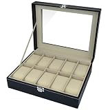 Watch Box 10 Mens Black Leather Display Glass Top Jewelry Case Organizer