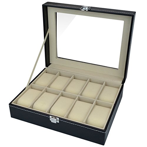 Aketek Watch Box 10 Mens Black Leather Display Glass Top Jewelry Case Organizer - Thumbnail 2