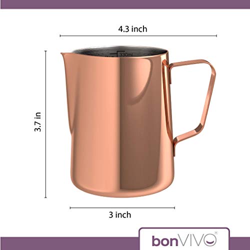 bonVIVO Muvo Stainless Steel Milk Jug With Copper Finish, Milk Frother Pitcher 11 Fl Oz, Barista Tools, Milk Frothing Pitcher With Practical Scale, Perfect for Cuban Coffee, Cappuccino Or Latte