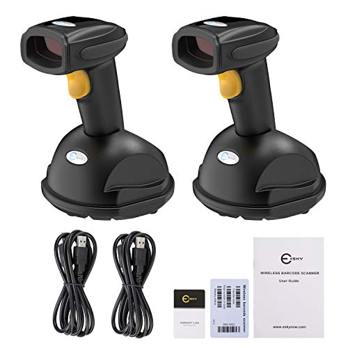 Esky Wireless Barcode Scanner 328 Ft Transmission Distance USB Cordless 1D Laser Automatic Barcode Reader Handheld Bar Code Scanner with Quick Charge Base Stand for Shop, Store,2 Pack