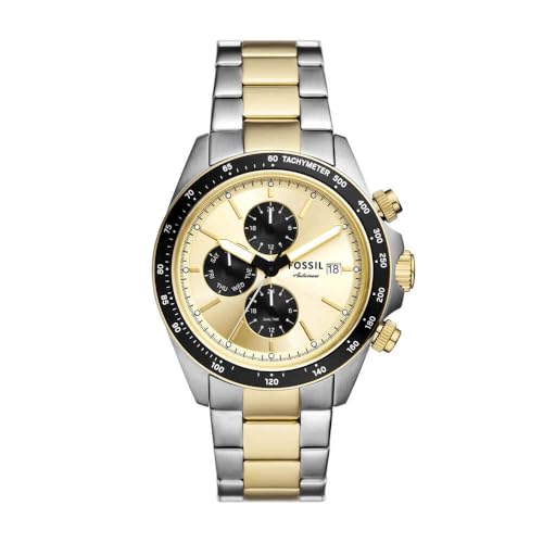 Autocross Montre Homme, Mouvement Multifonction Quartz avec bracelet en acier inoxydable ou cuir, Argent et ton or foncé, 42 mm