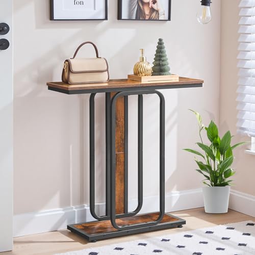 HOOBRO Industrial Style Console Table with Storage Space 2 Tier Geometric Frame Sideboard for Hallway Entryway Living Room Bedroom Rustic Brown Black EBF68XG01