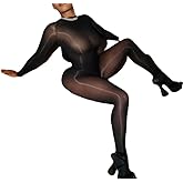 Wuitrie Women's Fall Silky Sheer Mesh Jumpsuit Solid Black Long Sleeve Bodycon Layering Pants Bodysuit Night Sexy Clubwear