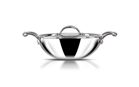 Stahl Triply Stainless Steel Artisan Kadhai with Lid, 4322, 22cm, 1-Piece, Silver