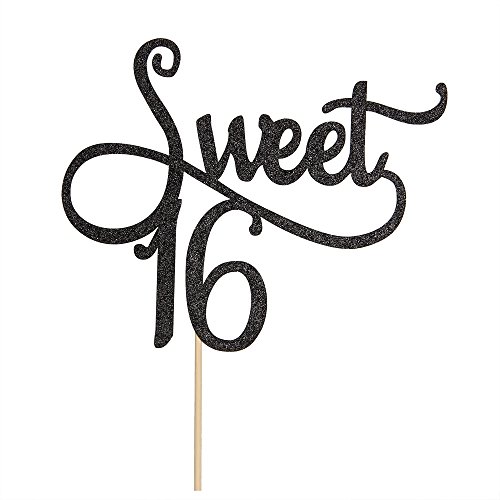 Black Glitter Sweet 16 Cake Topper -16th Birthday Cake Topper - Sweet Sixteen Party Themes Decoration Supplies