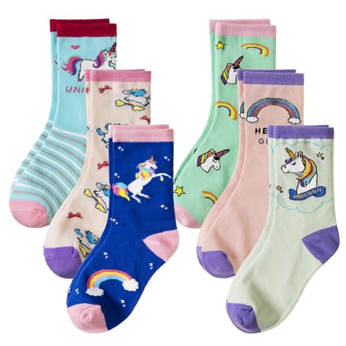 Girls Cotton Socks Novelty Funny Unicorn Cozy Crew Cute Socks for Kids Toddler Girls 6 Pairs