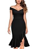 Knitee Women's Vintage Off Shoulder V-Neck Evening Party Cocktail Ruffles Slit Formal Dress