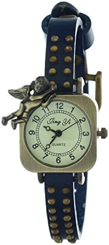 Little Copper Angel relief Case Cow Leather Blue strap Women Girls Quartz Watches