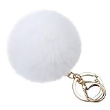 SUPPION Furry Metal Pompom Ball Keychain Bag Plush Car Key Ring Pendant (White)