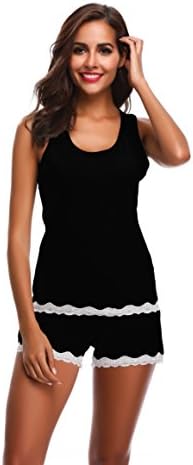 Women's Lace Trim 2-Piece Cotton Short Pajama Set(XS, Black)