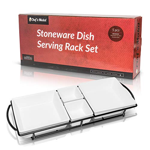 Food Serving Dish Set: 4 White Stoneware Bowls with Metal Display Stand | Perfect for Appetizers, Snacks, and Meals - Thumbnail 7