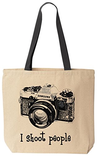 I shoot people (Samsung) - Novelty Camera Photography Funny Cotton Canvas Tote Bag Black Handle - Reusable by BeeGeeTees