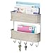 mDesign Wall Mount Metal Mail Organizer Storage Basket - 2 Tiers, 5 Hooks - for Entryway, Mudroom, Hallway, Kitchen, Office - Holds Letters, Magazines, Coats, Keys - Satin/Gray Wood Finish