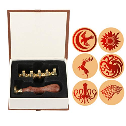 Wax Seal Stamp Set, VIHOME 6 Pieces Seal Wax Stamps Copper Seals + 1 Piece Wooden Hilt, Antique A Song of Ice and Fire Pattern Seal Wax Stamp Kit (Baratheon+Arryn+Greyjoy+Targaryen+Stark+Martell) - Thumbnail 6
