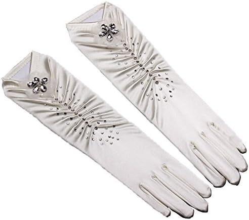 FloYoung 2016 Crystal Satin Long Brides Gloves Rhinestone Bridal Glvoves Ivory