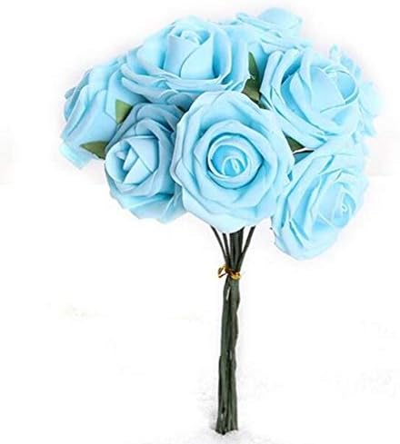 Bunch of 10 Foam Blue Rose Buds Artificial Flowers Fake Silk Wedding Decor, Bule