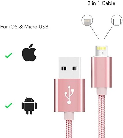 2IN1 Nylon Braided High Speed Data Sync Charing and Sync USB Cable for iOS &amp; Android iPhone/Samsung/HTC/Nokia/Blackberry/Sony (Rose Gold)