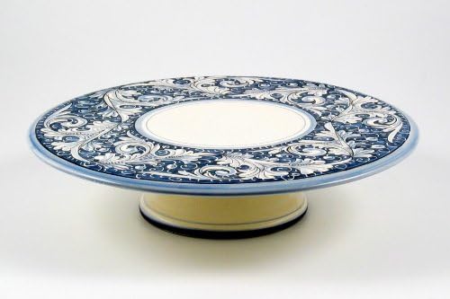 Hand Painted Italian Ceramic 12.5-inch Cake & Cheese Stand Rinascimento Blu e Bianco - Handmade in Gubbio, Italy