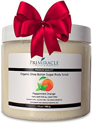 Best Exfoliating Organic and Natural Sugar Body Scrub with Moisturizing Shea Butter, Vitamin E, Coconut Oil, Peppermint and Orange Essential Oils for Smooth Soft Skin 16oz