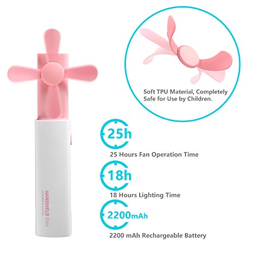 Portable Handheld Personal Fan Rechargeable Battery Operated Fan Quiet Foldable with 2200mAh Power Bank & Led Flashlight, 15-25H Long Working Time for Hot Summer Travel Shopping Outdoor Sports (Pink)