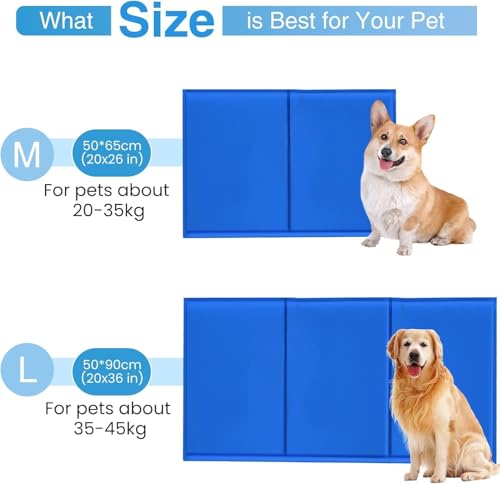 OKPOW Dog Cooling Mat – Durable Self Cooling Pet Gel Pad for Medium Dogs Cats, 50x65 cm Waterproof Cool Bed, Pressure Activated Non-Toxic Ice Cooler Mattress for Summer Travel, Crate, Sofa, Blue