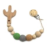Amyster Baby Pacifier Clip Wooden Cactus Teether Eco-friendly Teething Crochet Beads Chew Nipple Folder Shaped Rattle Christmas Gift (Cactus)