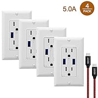 USB Wall Outlet Receptacles with USB 4 Pack 5.0A High Speed Charging USB Receptacle, 15A Tamper Resistant USB Wall Outlet with Wall Plates and USB Cable, White (Renewed)