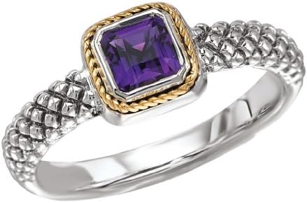 925 Silver &amp; Amethyst Square Modern Ring with 18k Gold Accents- Size 8