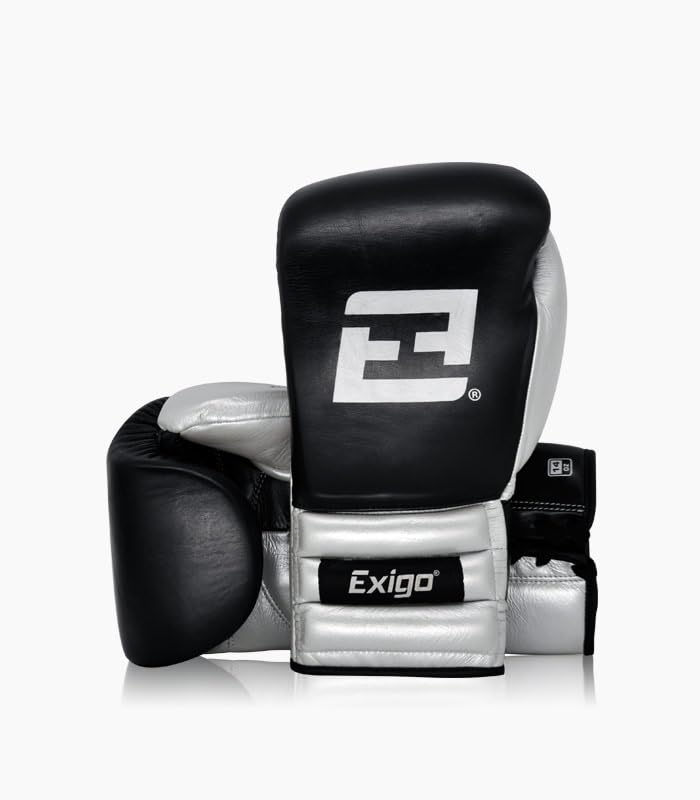 Exigo Elite Leather Sparring Laced Boxing Gloves - Black/Silver (16oz)