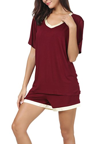 Invug Women Nightwear Short Sleeve Shirt and Shorts Pajama Set V Neck Sleepwear Wine Red S
