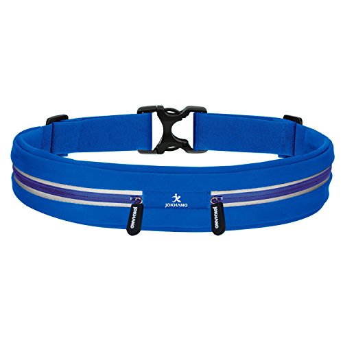 Sports Running Waist Pack, JOKHANG Outdoor Sweatproof Water-Resistant Reflective Waist Bag Runner Belt, Fitness Workout Belt, Dual Pouch Bag for Jogging, Hiking, or Gym Workouts - Blue