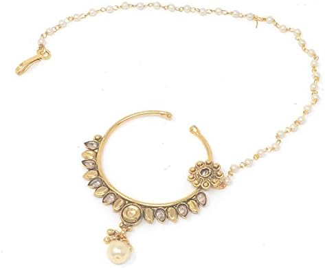 Bridal Indian Ethnic Bollywood Gold Plated Nose Ring with White Stone and Long Gold Chain with Pearls
