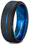 Mens Wedding Band 8mm Black Brushed Tungsten Ring Thin Blue Groove Step Edge Comfort Fit